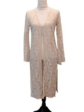 FOREVER 21 Duster Lace Maxi Long Cream Open Front Side Vents Crochet Small